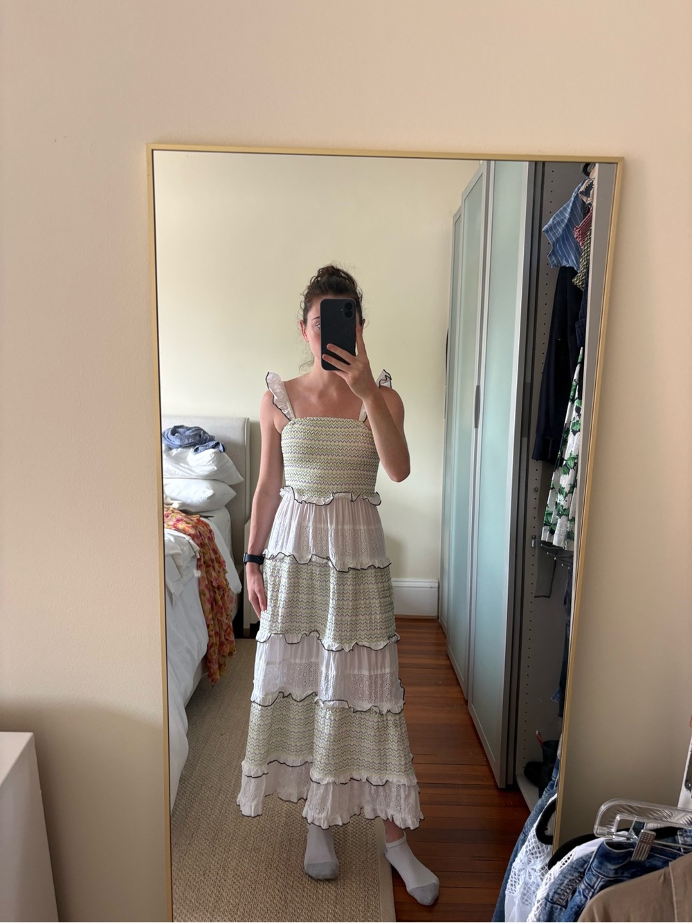 Miss Selfridge White and Pale Green Tiered Smocked Maxi Dress